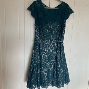 ELIZA J 18W Women’s Teal Lace Fit and Flare Belted Knee-Length Retro Dress